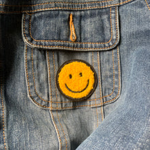 Load image into Gallery viewer, Three yellow 70s-themed smiley face patches, each approximately 2x2 inches, featuring embroidered retro, boho, and hippie designs with soft chenille flocking, perfect for sewing or gluing onto clothing and crafts.