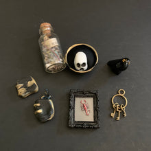 Load image into Gallery viewer, Collection of small decorative items including a bottle, skull, and keychain on a dark surface