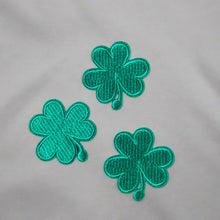 Load image into Gallery viewer, Embroidered Green 2" Shamrock Iron-on Patches on white cotton