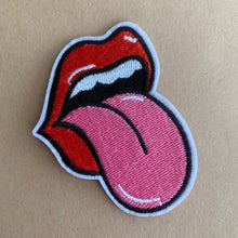 Load image into Gallery viewer, Close-up embroidered lips tongue patch detail