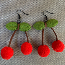 Load image into Gallery viewer, Red felt cherry earrings with suede stems and fabric leaves