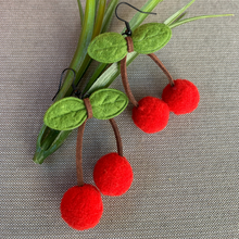 Load image into Gallery viewer, Red felt cherry earrings with suede stems and fabric leaves