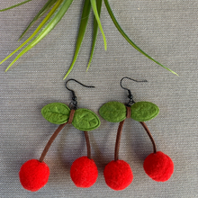 Load image into Gallery viewer, Red felt cherry earrings with suede stems and fabric leaves