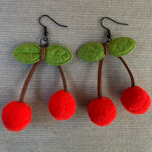 Load image into Gallery viewer, Red felt cherry earrings with suede stems and fabric leaves
