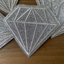 Load image into Gallery viewer, A close-up image of five identical glitter sequin diamond patches, each measuring 3 inches. The patches feature intricate embroidery with silver-colored thread outlining a sparkling, silvery glitter fabric diamond shape.