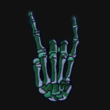Load image into Gallery viewer, Green embroidered iron-on skeleton hand patch