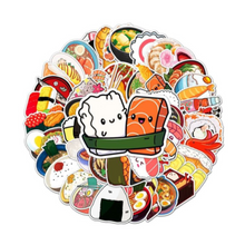Load image into Gallery viewer, salmon and rice nigiri mega sticker pack 50 Japanese food decals in a circle