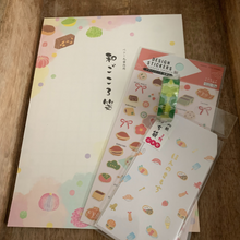 Load image into Gallery viewer, Delight stationery lovers with our Japanese Sweets Washi Paper Stationery Set. This set includes a 20-sheet pad of dessert-themed washi notepaper, mini dessert stickers, coordinating washi tape, and mini washi envelopes, making it a perfect gift for anyone who appreciates the beauty of Japanese culture and the art of letter writing.
