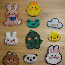 Load image into Gallery viewer, Set that includes Pink Embroidered animal and cloud stickers. Frog, dinosaur, chickens, a panda, rabbits, and a bear decals, 10/pc pack. Great for cards, scrapbooking, journal, crafts, diy.