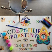 Load image into Gallery viewer, DIY Spirit Talker Ouija board kit with planchette, 15x10 inch unfinished balsa wood showing alphabet, numbers, and traditional ouija board layout