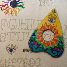 Load image into Gallery viewer, Transformation examples showing unfinished balsa wood ouija board kit before and after creative customization with various artistic techniques.