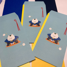 Load image into Gallery viewer, Three pack of Samurai Kitty Mini Notecards and Washi Envelopes. Made in Japan. Blue Envelopes. Cartoon Cat for Japanese New Year, Valentines Day or Love notes.