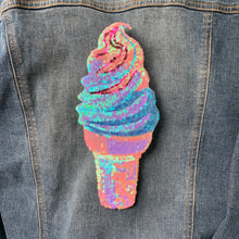 Load image into Gallery viewer, Large Pink and Purple Sequin Ice Cream Cone Iron On Patch shown on denim jacket.