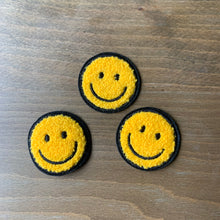 Load image into Gallery viewer, Three yellow 70s-themed smiley face patches, each approximately 2x2 inches, featuring embroidered retro, boho, and hippie designs with soft chenille flocking, perfect for sewing or gluing onto clothing and crafts.