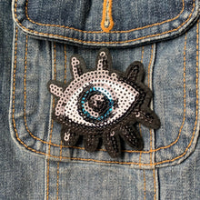 Load image into Gallery viewer, 2/pk Turkish Evil Blue Sequin Eye Iron-on Patch with Lashes - Intricate and Stylish Embroidered Iron-On for Magical DIY Projects, Jeans, Bags.