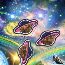 Load image into Gallery viewer, pink, blue and pink, blue and gold saturn 3 pack of patches. Iron-on or sew on. Science, Astronomy, 1980s.gold sequin Saturn 3 pack iron on patches