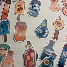 Load image into Gallery viewer, Charming cartoon magical scene in bottles stickers. Pack of 50, Approximately 2 inches each. Beautiful colors and quality graphics. Moon, Sun, Fruit, Clouds, Mountains in test tubes, coffee cups, teacup, beakers, jars, and cans.