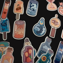Load image into Gallery viewer, Charming cartoon magical scene in bottles stickers. Pack of 50, Approximately 2 inches each.