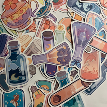Load image into Gallery viewer, Charming cartoon  magical scene in bottles stickers. Pack of 50, Approximately 2 inches each. Beautiful colors and quality graphics. Moon, Sun, Fruit, Clouds, Mountains.