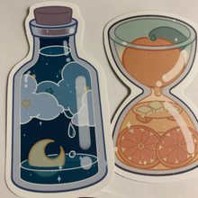 Load image into Gallery viewer, Charming cartoon  magical scene in bottles stickers. Pack of 50, Approximately 2 inches each. Beautiful colors and quality graphics. Moon, Sun, Fruit, Clouds, Mountains in test tubes, coffee cups, teacup, beakers, jars, and cans.