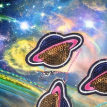 Load image into Gallery viewer, sew on or iron on pink, blue and gold sequin Saturn 3 pack iron on patches. pink, blue and gold saturn 3 pack of patches. Iron-on or sew on. Science, Astronomy, 1980s.