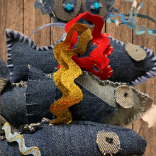Load image into Gallery viewer, Elevate your holiday decor with these Denim Fish and Jellyfish Tree Stuffie Ornaments. They're not just ornaments; they're tiny companions that will make your festive season extra special. Don't miss out on their cute and characterful presence. Handcrafted Denim Fish, Recycled Denim Soft Sculpture Fish, Handmade Coastal Decor, and Seaside Fish Decoration.