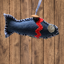 Load image into Gallery viewer, Elevate your holiday decor with these Denim Fish and Jellyfish Tree Stuffie Ornaments. They're not just ornaments; they're tiny companions that will make your festive season extra special. Don't miss out on their cute and characterful presence. Handcrafted Denim Fish, Recycled Denim Soft Sculpture Fish, Handmade Coastal Decor, and Seaside Fish Decoration.