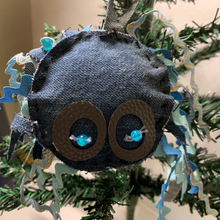 Load image into Gallery viewer, Elevate your holiday decor with these Denim Fish and Jellyfish Tree Stuffie Ornaments. They're not just ornaments; they're tiny companions that will make your festive season extra special. Don't miss out on their cute and characterful presence. Handcrafted Denim Fish, Recycled Denim Soft Sculpture Fish, Handmade Coastal Decor, and Seaside Fish Decoration.