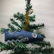 Load image into Gallery viewer, Elevate your holiday decor with these Denim Fish and Jellyfish Tree Stuffie Ornaments. They're not just ornaments; they're tiny companions that will make your festive season extra special. Don't miss out on their cute and characterful presence. Handcrafted Denim Fish, Recycled Denim Soft Sculpture Fish, Handmade Coastal Decor, and Seaside Fish Decoration.