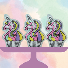 Load image into Gallery viewer, back side three  iron on pastel unicorn embroidered patches purple cake plate