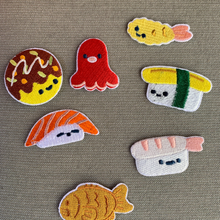 Load image into Gallery viewer, 7 set sushi embroidered patch octopus egg red bean shrimp salmon nigiri

