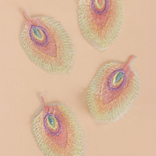 Load image into Gallery viewer, four Pastel feather iron-on embroidered patches displayed on a peach background