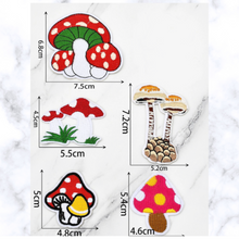 Load image into Gallery viewer, mushroom patch measurements. 5pc Embroidered Mushroom Patch Set from elementah.com. Red and white caps, Mushroom Iron-On Appliques.