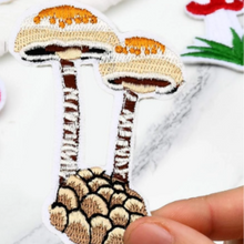 Load image into Gallery viewer, Large Embroidered brown mushrooms patch. 5pc Embroidered Mushroom Patch Set from elementah.com.  Mushroom Iron-On Appliques.