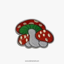 Load image into Gallery viewer, red and white capped mushroom cluster patch. 5pc Embroidered Mushroom Patch Set from elementah.com. Red and white caps, Mushroom Iron-On Appliques.