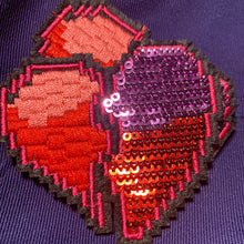 Load image into Gallery viewer, Gamer red and purple sequin pixel heart iron-on patch
