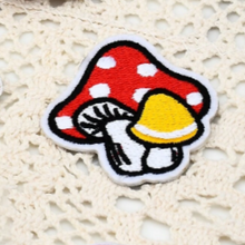 Load image into Gallery viewer, Red and Yellow Embroidered Mushroom Patch. 5pc Embroidered Mushroom Patch Set from elementah.com. Red and white caps, Mushroom Iron-On Appliques.
