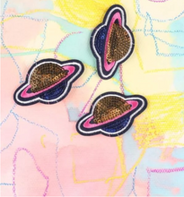 Load image into Gallery viewer, pink, blue and gold saturn 3 pack of patches. Iron-on or sew on.  Science, Astronomy, 1980s.