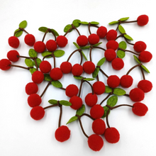 Load image into Gallery viewer, red pom pom cherries with green stiches leaves and brown suede stems 5 pack
