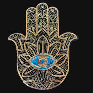 Decorative Hamsa hand with a blue eye on a textured dark blue background