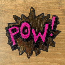 Load image into Gallery viewer, 2/pk POW! Gold &amp; Pink Sequin Superhero Sound Effect Iron-On Embroidered Patch Set, 2 Sizes
