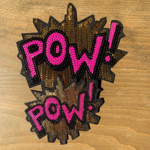 2/pk POW! Gold & Pink Sequin Superhero Sound Effect Iron-On Embroidered Patch Set, 2 Sizes