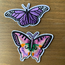 Load image into Gallery viewer, Purple butterfly iron-on patch set on wood table
