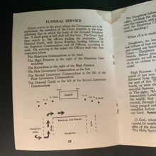 Load image into Gallery viewer, An open book showing printed pages about a funeral service, with diagrams, labels, and text including 'FUNERAL SERVICE' and '22'.

