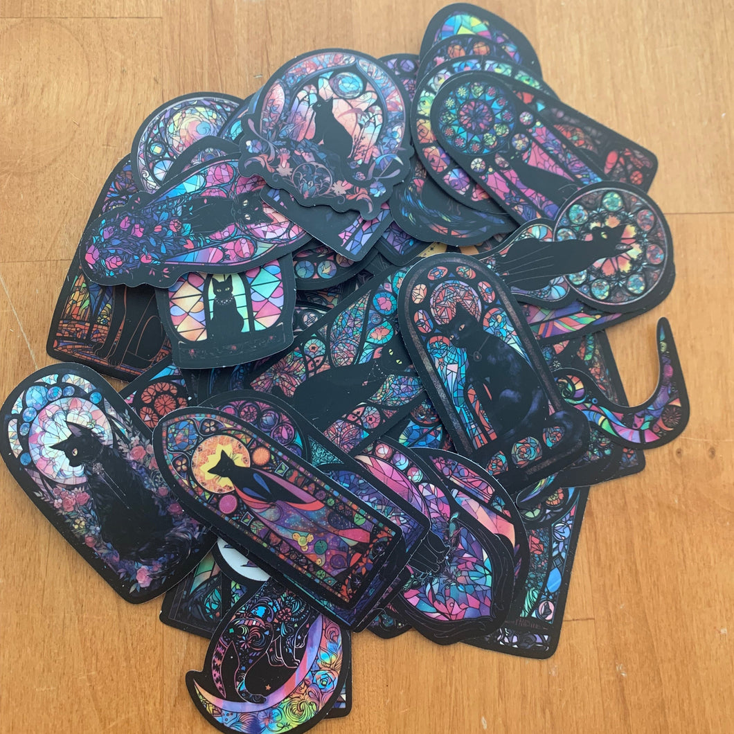 Black Cat Sitting Stained Glass Window Sticker Set 50pk Pile on table