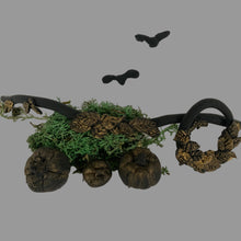 Load image into Gallery viewer, Black and gold 1:12 scale Halloween dollhouse set with flexible 9 inch garland, wreath, pumpkins and bats.
