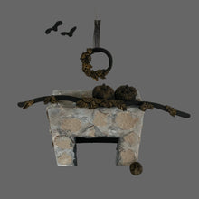 Load image into Gallery viewer, Black and gold 1:12 scale Halloween dollhouse set with flexible 9 inch garland, wreath, pumpkins and bats.
