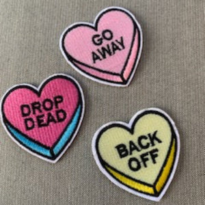 Sarcastic Conversation Heart Iron-On Patches Pink and Yellow, Go Away, Drop Dead, Back Off