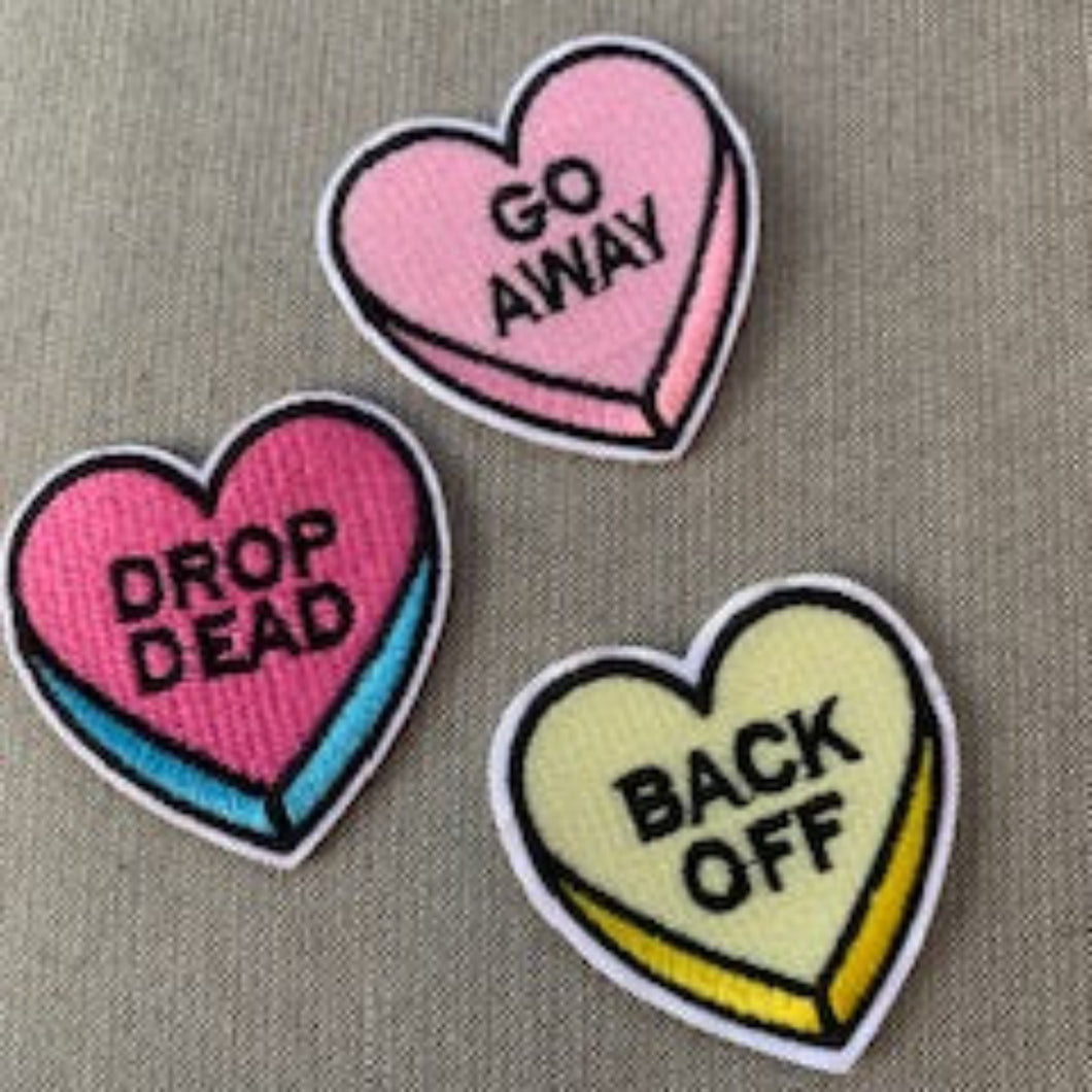 Sarcastic Conversation Heart Iron-On Patches Pink and Yellow, Go Away, Drop Dead, Back Off