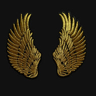 Two gold embroidered wing patches on a gray background